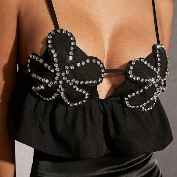 Black Party Women's Rhinestone Floral Ruffle Hem Top - Picture 5 of 5